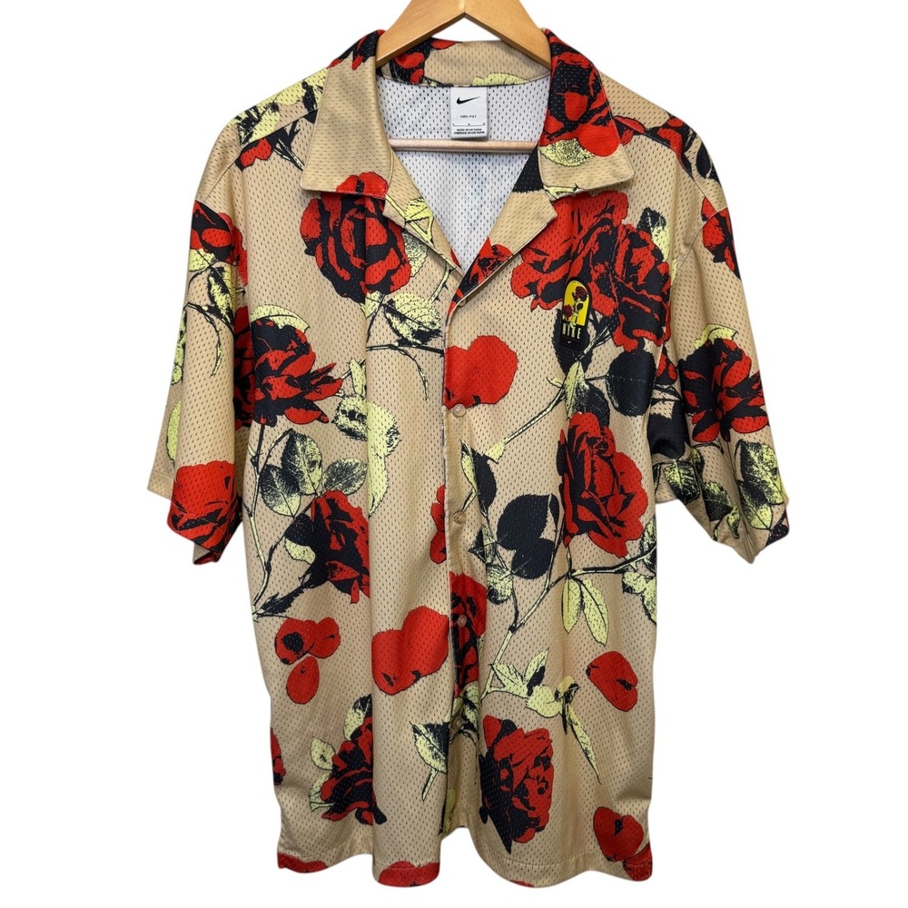 Nike Men Gel Rose City Shirt L Tan Red Rose Floral Button-Up Mesh Dri-FIT Casual